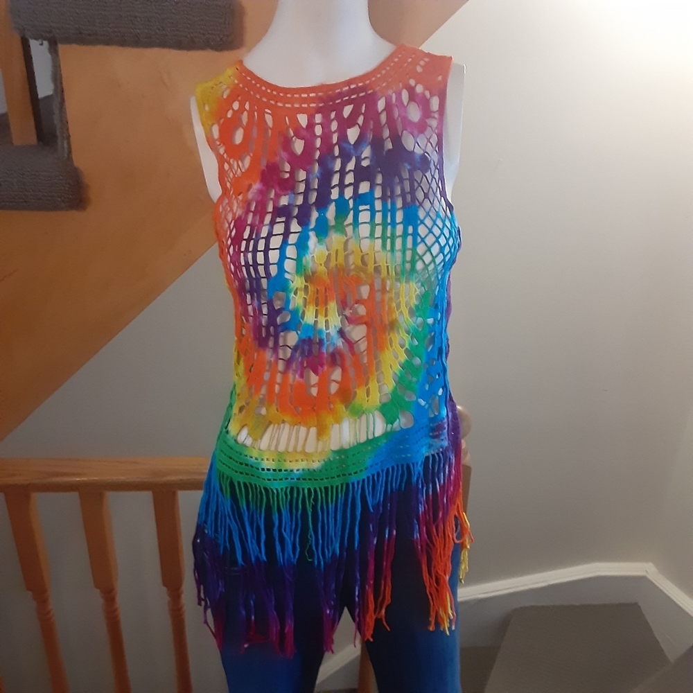 Boho Hippie Rainbow Tie Dye Crochet Fringe Top- Women's Size Small.